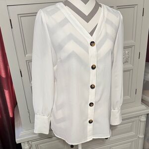 Grace Karin White Button-Up Blouse with Brown Buttons Size Medium